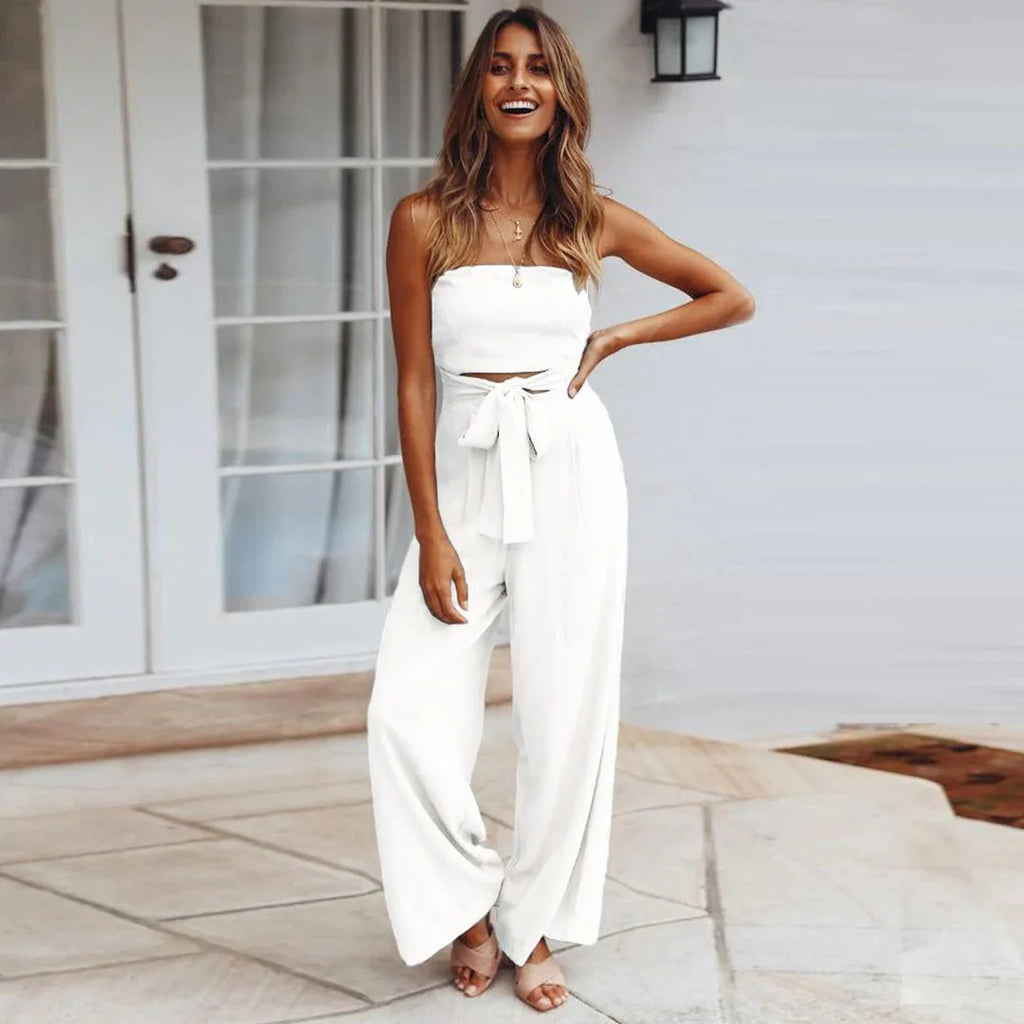 Women'S Strapless Tie Waist Wide Leg Jumpsuit