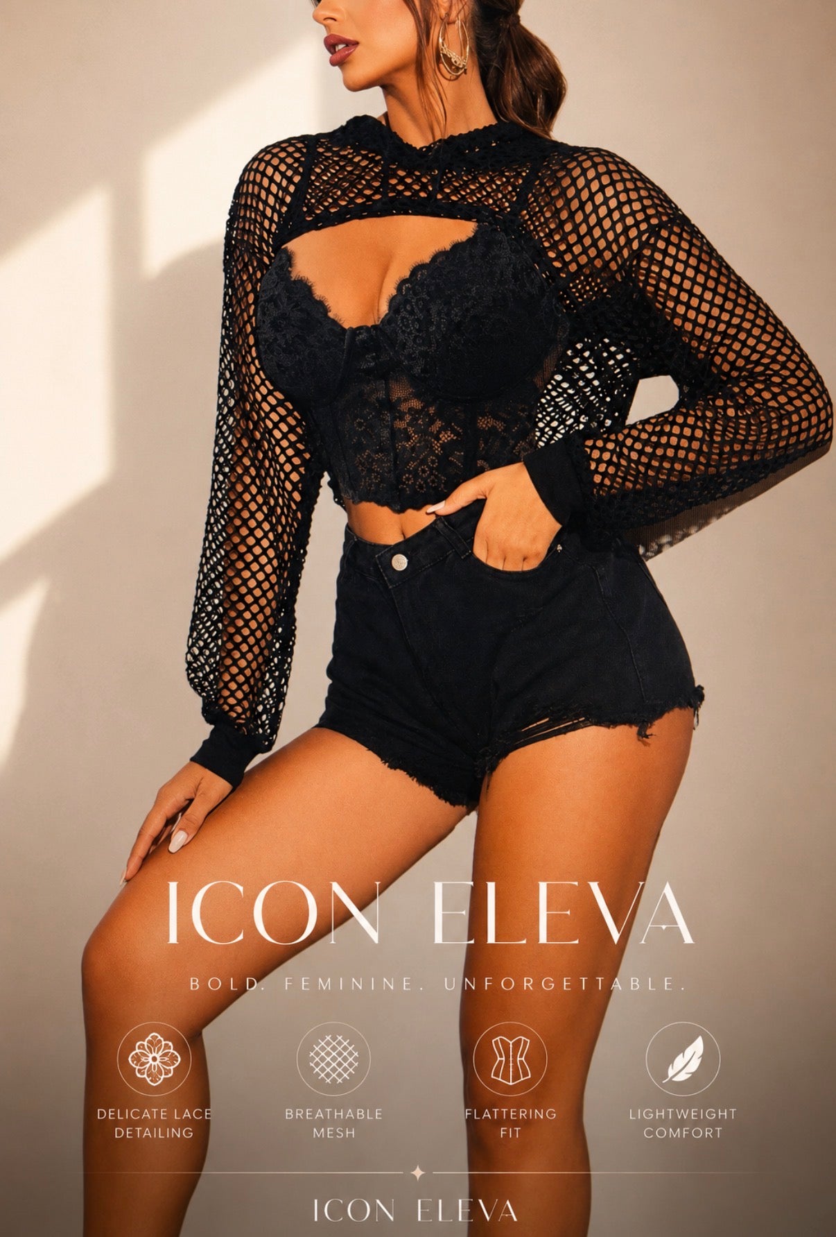 Icon Eleva Noir Lace Mesh Top